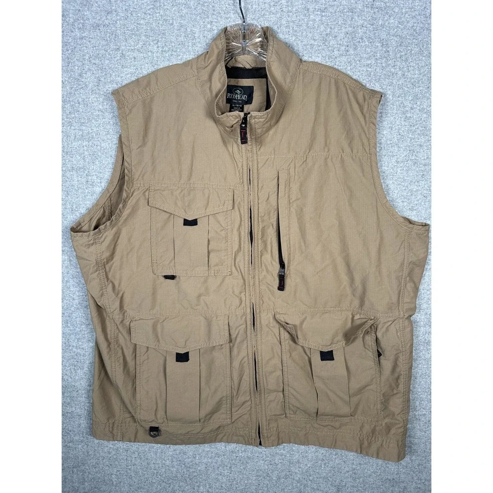Vintage Redhead XL Mens Fishing Vest Tan Pockets Sleeveless Jacket Zip Mock Neck